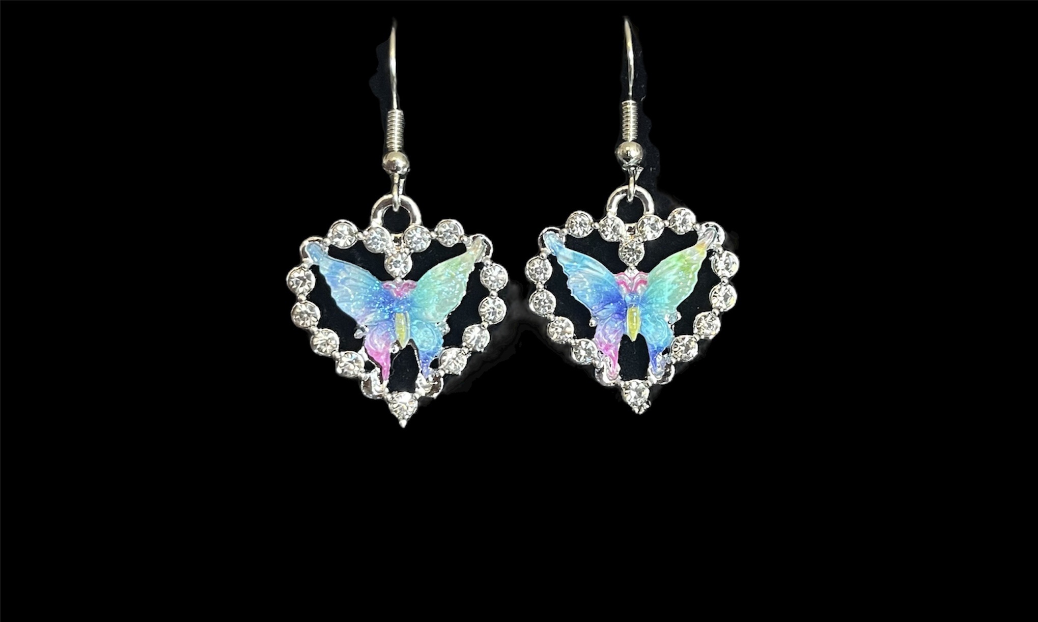 Rhinestone Heart Butterfly Earrings